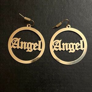 Angel Script Hoop Earrings - Gold Tone
